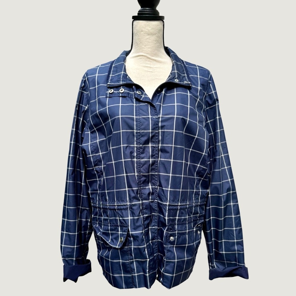 Lauren Ralph Lauren Navy Windowpane Plaid Windbreaker Jacket XL Drawstring Waist